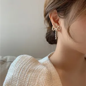 Elegant Bowknot Pearl Drop Earrings With 925 Sterling Silver Earring Post Gold Alloy Rhinestone Tassel Earrings For Women Jewelry Gift