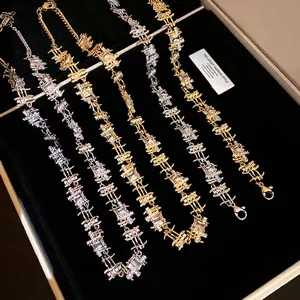 European Court Style Irregular Square Inlaid Zirconia Necklace Bracelet For Women Luxurious Gold Silver Plated Copper Jewelry Accessory