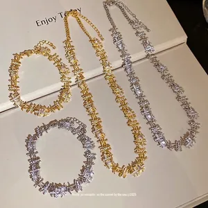 Elegant gold and silver irregular square zircon splice necklace and bracelet set