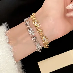 Zircon irregular square stitching bracelets in gold and silver finish on model's wrist
