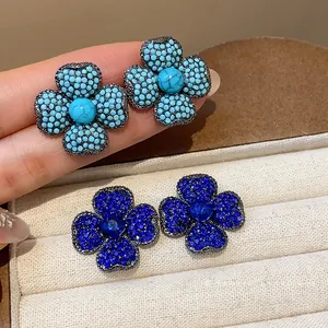 Vintage floral stud earrings with turquoise beads and blue crystals, elegant silver needle jewelry