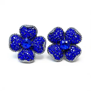 Vintage blue flower earrings with silver needles and sparkling blue crystal rhinestones