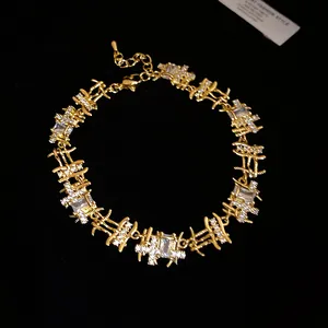 Close-up of irregular square zircon necklace with gold-plated palace style design