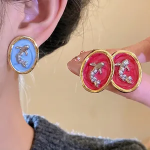 Vintage Palace Style Oval Goldfish Stud Earrings With 925 Sterling Silver Post Red Blue Enamel Artificial Pearl Earrings For Women Jewelry
