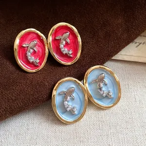 Vintage oval goldfish earrings with pearls in red and blue enamel finish styles