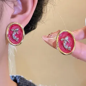 Vintage oval gold koi fish pearl stud earrings with red enamel and silver fish details
