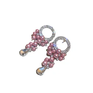 French vintage style pink pearl tassel dangle earrings with sparkling rhinestones