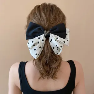 Elegant Korean style large black and white polka dot fabric hair bow clip for women