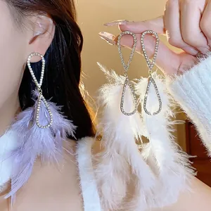Orecchini a Goccia con Frange di Piume per Donna Gioielli di Moda con Strass e Perno in Argento Sterling 925 Regalo Invernale