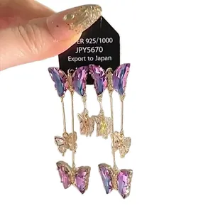 Exquisite S925 silver needle zircon butterfly tassel earrings for elegant women