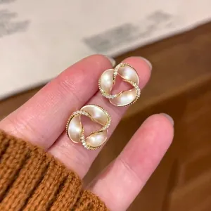 Flower Stud Earrings Gold Plated Copper With 925 Sterling Silver Earring Post Artificial Pearl Rhinestone Spiral Design For Women
