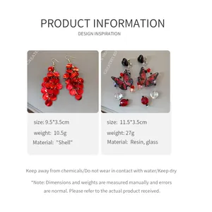 Detailed specifications for red shell tassel earrings and butterfly crystal drop earrings