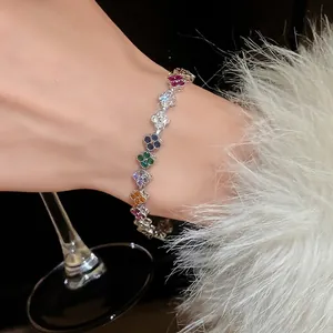 Luxury Multi-Color Zirconia Clover Bracelet For Women Copper Silver Plated Colorful Lucky Four Leaf Clover Chain Bracelet Light Luxury Hand Jewelry