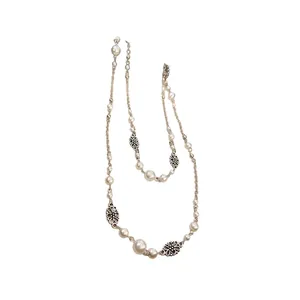 Vintage French style long faux pearl necklace with silver flower accents for sweaters