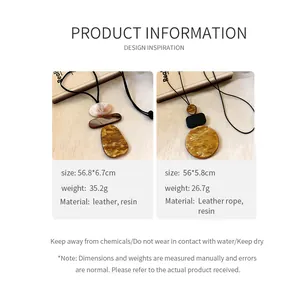 Detailed specifications for minimalist geometric resin necklaces with leather ropes