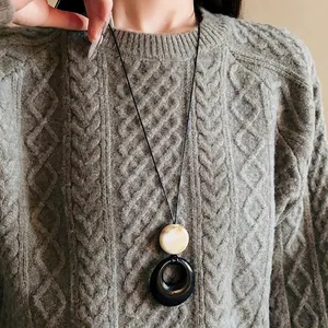 Elegant New Chinese style resin circle pendant long sweater necklace with marble texture