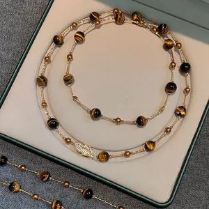 Vintage tiger eye bead long necklace with sparkling pavé leaf clasp, perfect sweater chain