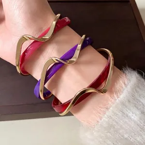 Brazalete Abierto Doble Capa Chapado Oro Real Minimalista Acrílico Color Contraste Pulsera Mujer Joyería Moda