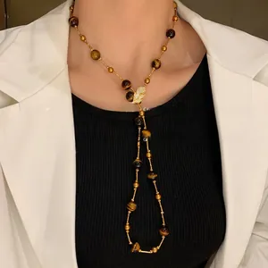 Vintage faux tiger eye beaded long necklace, elegant layered sweater chain for women