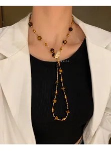 Vintage tiger eye bead long necklace with rhinestone leaf pendant for women's fashion