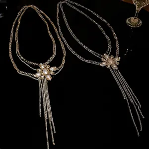 Elegant rhinestone pearl body chain jewelry with long tassel fringe design for women