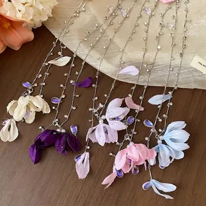Elegant fabric flower necklace with rhinestones and teardrop crystals