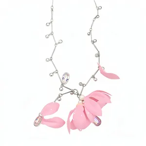 Elegant pink fabric flower necklace with rhinestone water drop pendants and silver chain