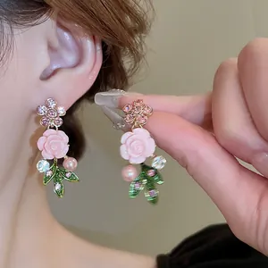 Elegant s925 silver needle floral earrings featuring pink roses, pearls, and zircons