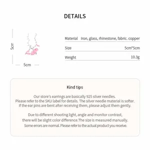 Pink fabric flower necklace with rhinestone details and measurements shown in detail