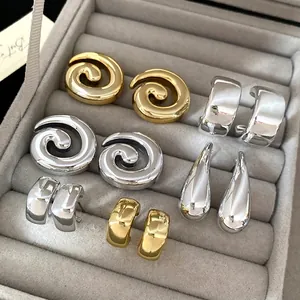 Retro Acrylic Spiral Geometric Stud Earrings For Women Minimalist Gold Silver Plated High Shine Metal Texture Ear Jewelry