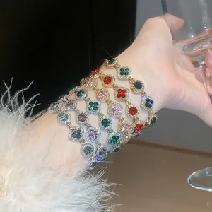 Korean Style Rhinestone Flower Round Buckle Bracelet For Women Vintage Light Luxury Copper Colorful Crystal Link Bracelet Jewelry Gift