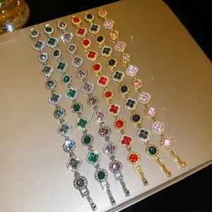 Elegant Korean style rhinestone flower and round link bracelets with fold-over clasp