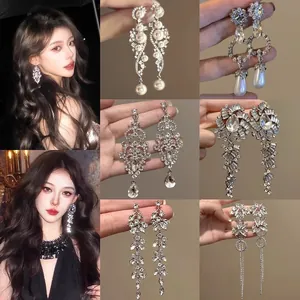 Luxury Alloy Rhinestone Flower Tassel Earrings With 925 Sterling Silver Post Oversized Water Drop Dangle Earrings For Women