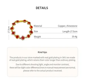 Product details of a gold-plated flower bracelet with red rhinestones and measurements
