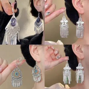 Ethnic Alloy Flower Tassel Drop Earrings Retro Chinese Style High-End Rhinestone Ear Jewelry For Women Daily Wear