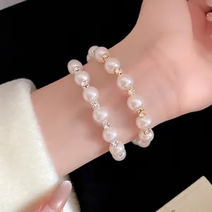 French Vintage Artificial Pearl Beaded Open Bangle Fashion Alloy Rhinestone Elegant Bracelet For Women Luxury Jewelry