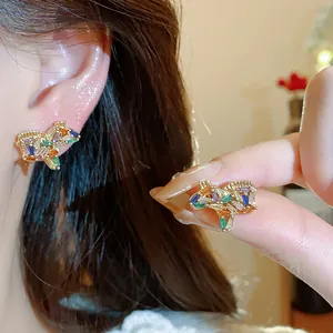 Luxury 18K Gold Plated Copper Colorful Zirconia Pony Stud Earrings For Women Light Luxury Fashion Animal Shaped Earrings With Silver Earring Post