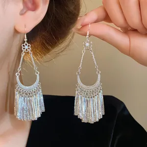 Detailed view of elegant silver ethnic style earrings with flower motif and long tassels