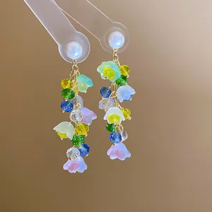 Elegant handmade pearl and colorful glass lily flower tassel drop earrings for women