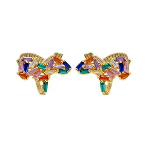 Exquisite horse-shaped stud earrings with colorful baguette-cut zircons and gold plating.