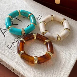 Bohemian Vintage Smudge Cylindrical Elastic Bracelet For Women Alloy Acrylic Marble Texture Beads Geometric Ethnic Style Bracelet
