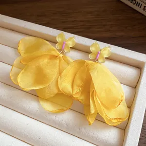 Sweet yellow fabric flower butterfly drop earrings for vacation and holiday style