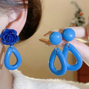 Boucles d'Oreilles Pendantes Géométriques en Acrylique Bleu Vintage pour Femmes Avec Tige en Argent Sterling 925 Bijoux Élégants Faits Main