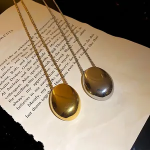 Minimalist Titanium Stainless Steel Oval Pendant Necklace For Women Niche Design Mirror Polished Long Sweater Chain Jewelry Gift