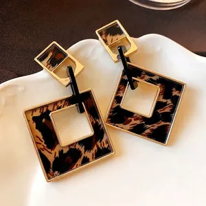 Vintage Leopard Print Rhombus Hollow Drop Earrings With Silver Earring Post Geometric Resin Earrings For Women Jewelry