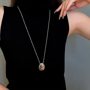 Minimalist silver stainless steel oval pendant long sweater chain necklace for women
