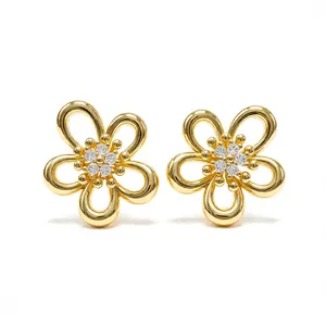 Elegant gold plated silver needle flower stud earrings with zircon center stone inlay