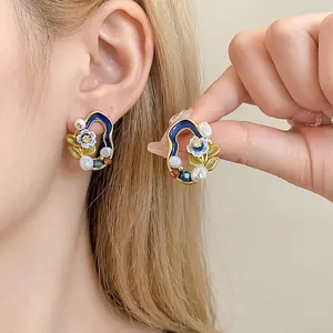 Vintage Blumen Ohrstecker Mit Süßwasserperle Und 925 Sterlingsilber Ohrstecker-Stift Emaille Strass Ohrringe Für Damen Schmuck