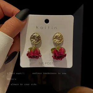 French vintage handmade dried rose flower earrings with 925 silver needle studs