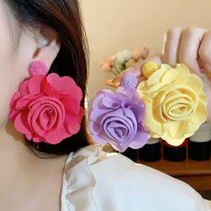 Handmade Raffia Chiffon Flower Stud Earrings With 925 Sterling Silver Earring Post Vintage Elegant 3D Rose Floral Drop Earrings For Women Jewelry